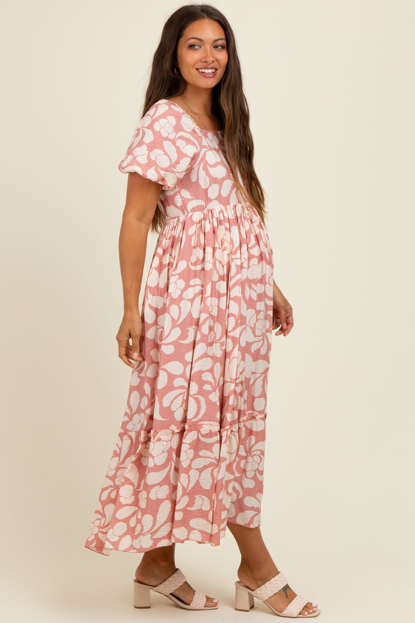 Pink Printed Square Neck Bubble Sleeve Maternity Maxi Dress