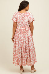 Pink Printed Square Neck Bubble Sleeve Maternity Maxi Dress