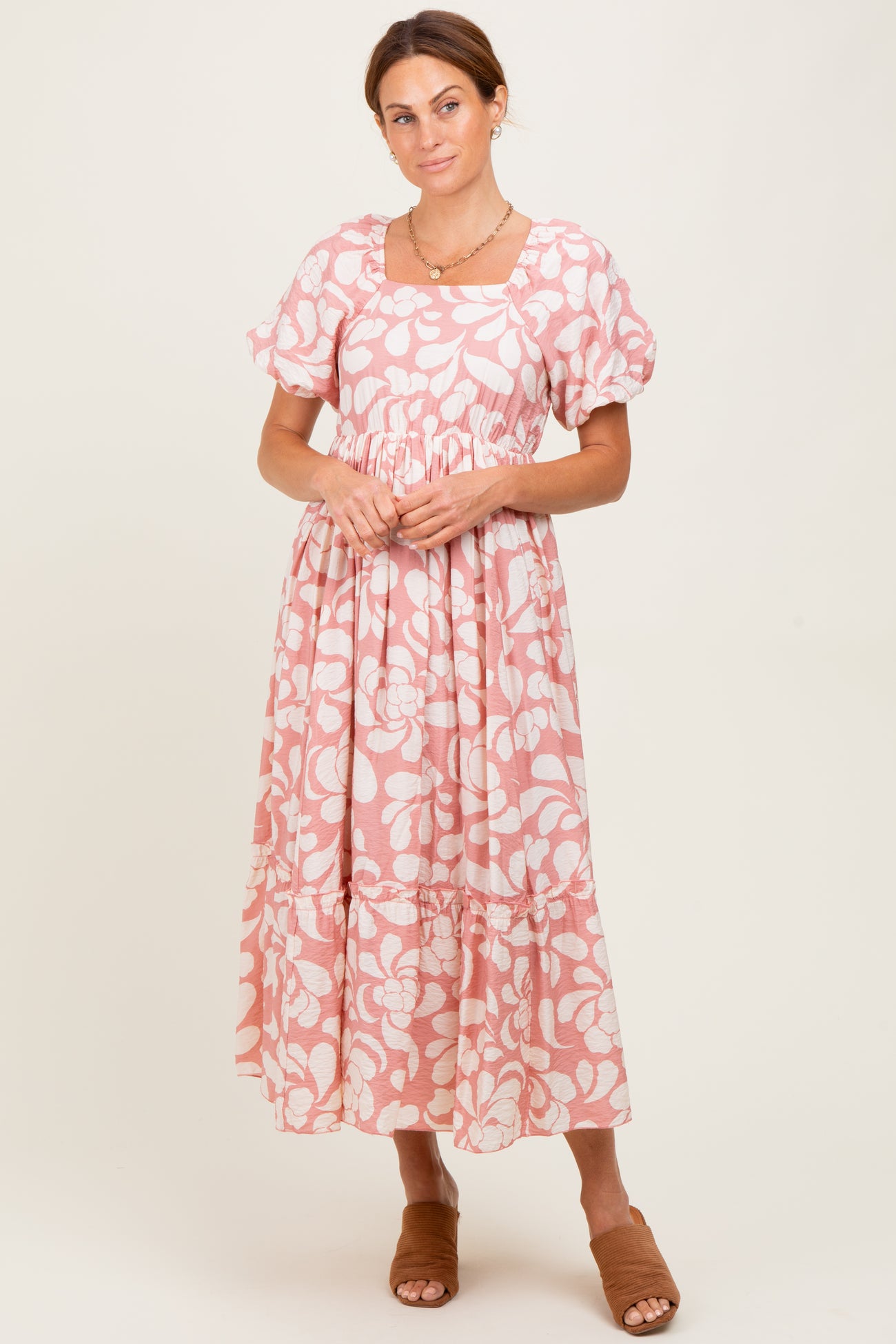 Pink Printed Square Neck Bubble Sleeve Maxi Dress