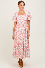 Pink Printed Square Neck Bubble Sleeve Maxi Dress