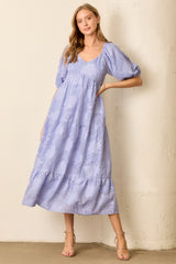 Blue Leaf Textured Tiered Midi Maternity Dress