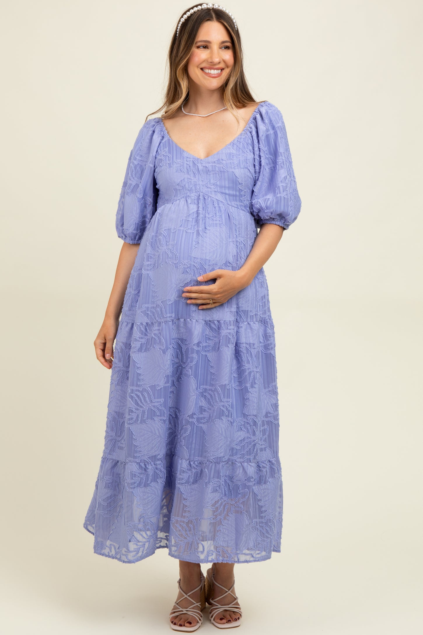 Blue Leaf Textured Tiered Midi Maternity Dress
