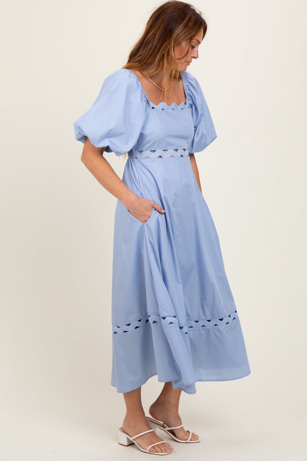 Blue Wavy Trim Puff Sleeve Midi Dress