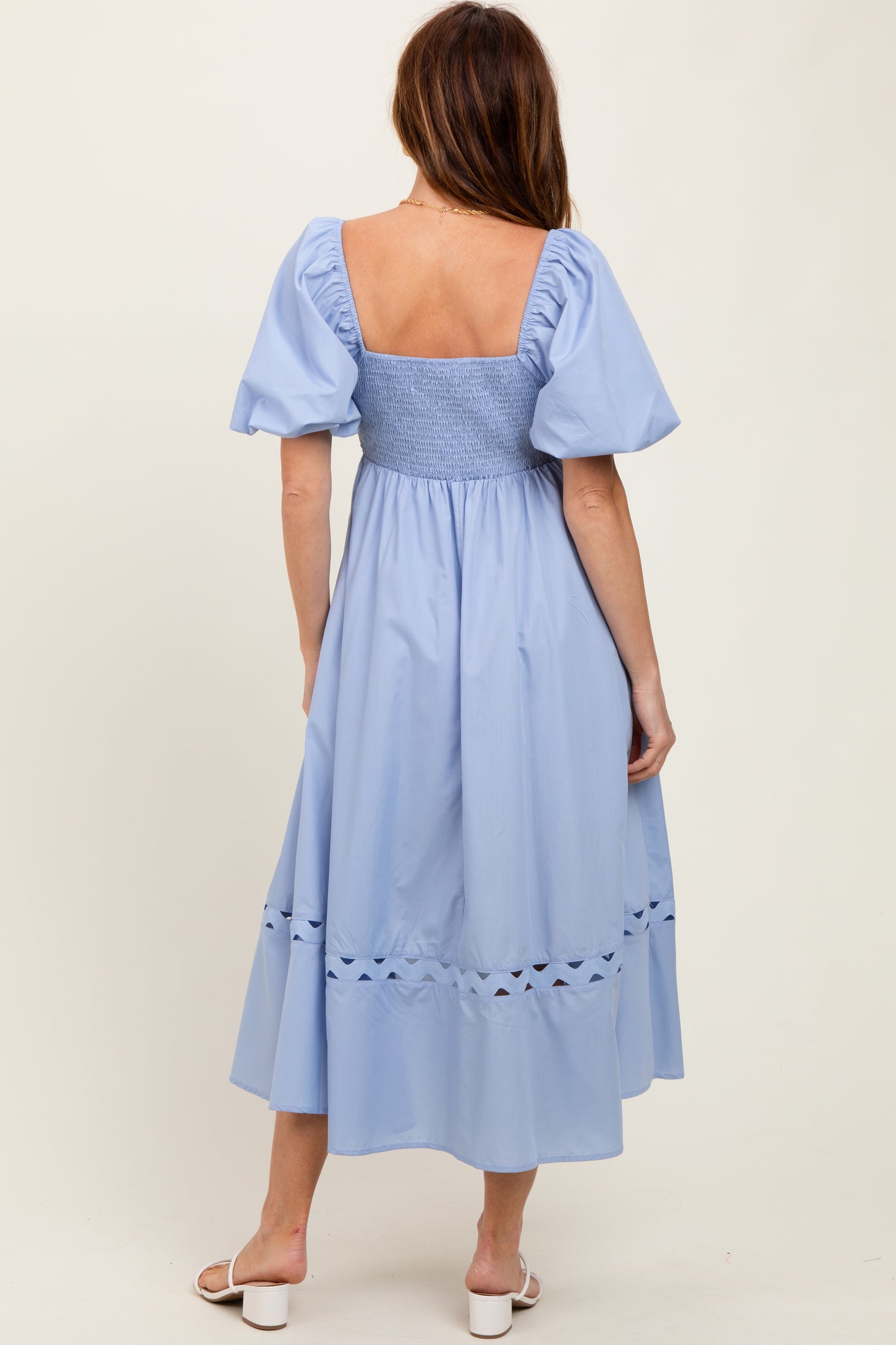 Blue Wavy Trim Puff Sleeve Midi Dress