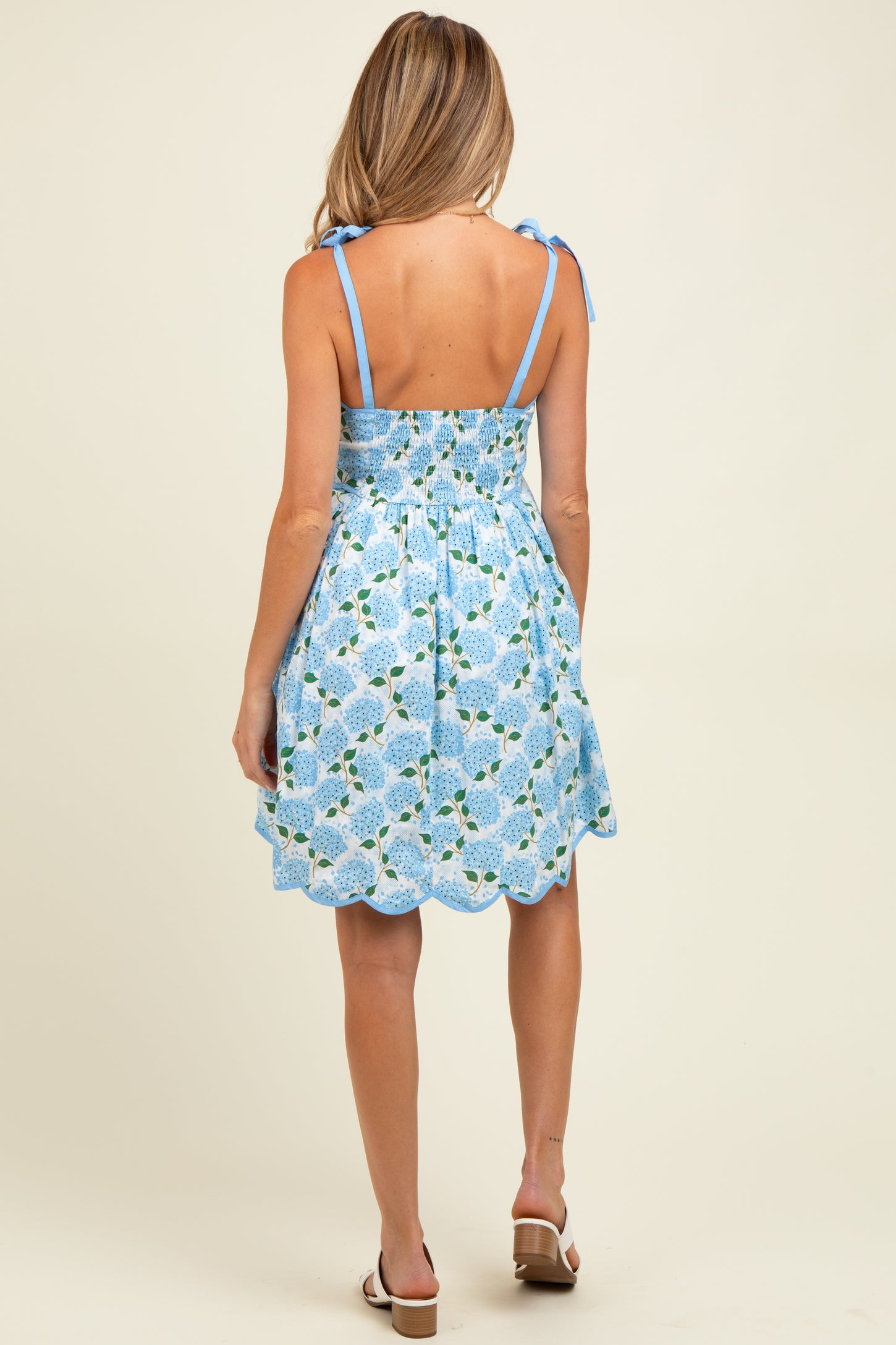 White Floral Shoulder Tie Scallop Hem Maternity Dress