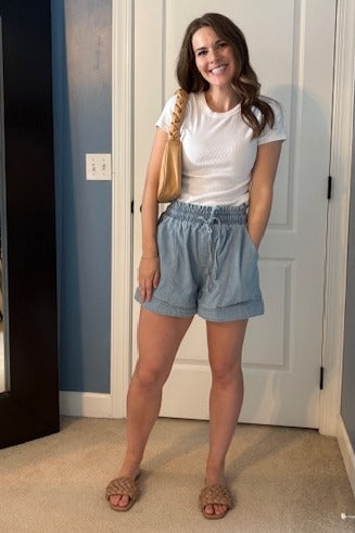 Light Blue Chambray Smocked Drawstring Waist Shorts