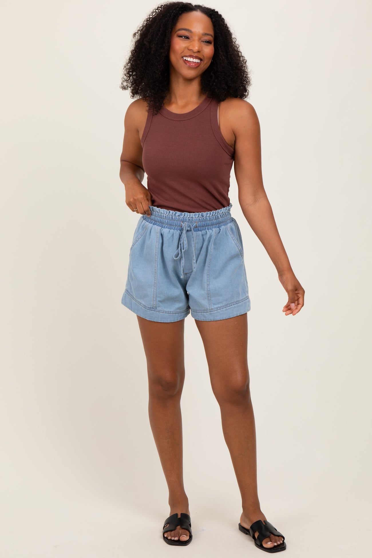 Light Blue Chambray Smocked Drawstring Waist Shorts