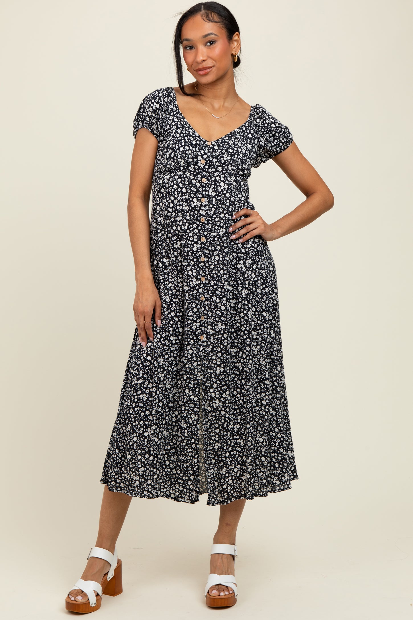 Black Floral V-Neck Button Down Maternity Midi Dress