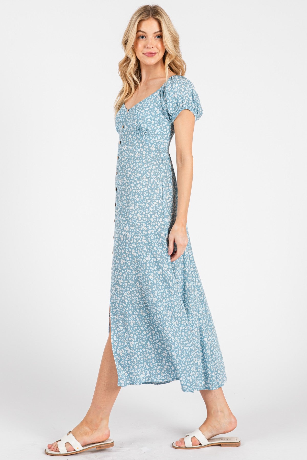 Light Blue Floral V-Neck Button Down Midi Dress
