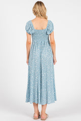 Light Blue Floral V-Neck Button Down Midi Dress