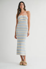 Blue Striped Halter Crochet Knit Midi Dress
