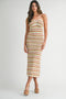 Light Olive Striped Halter Crochet Knit Midi Dress