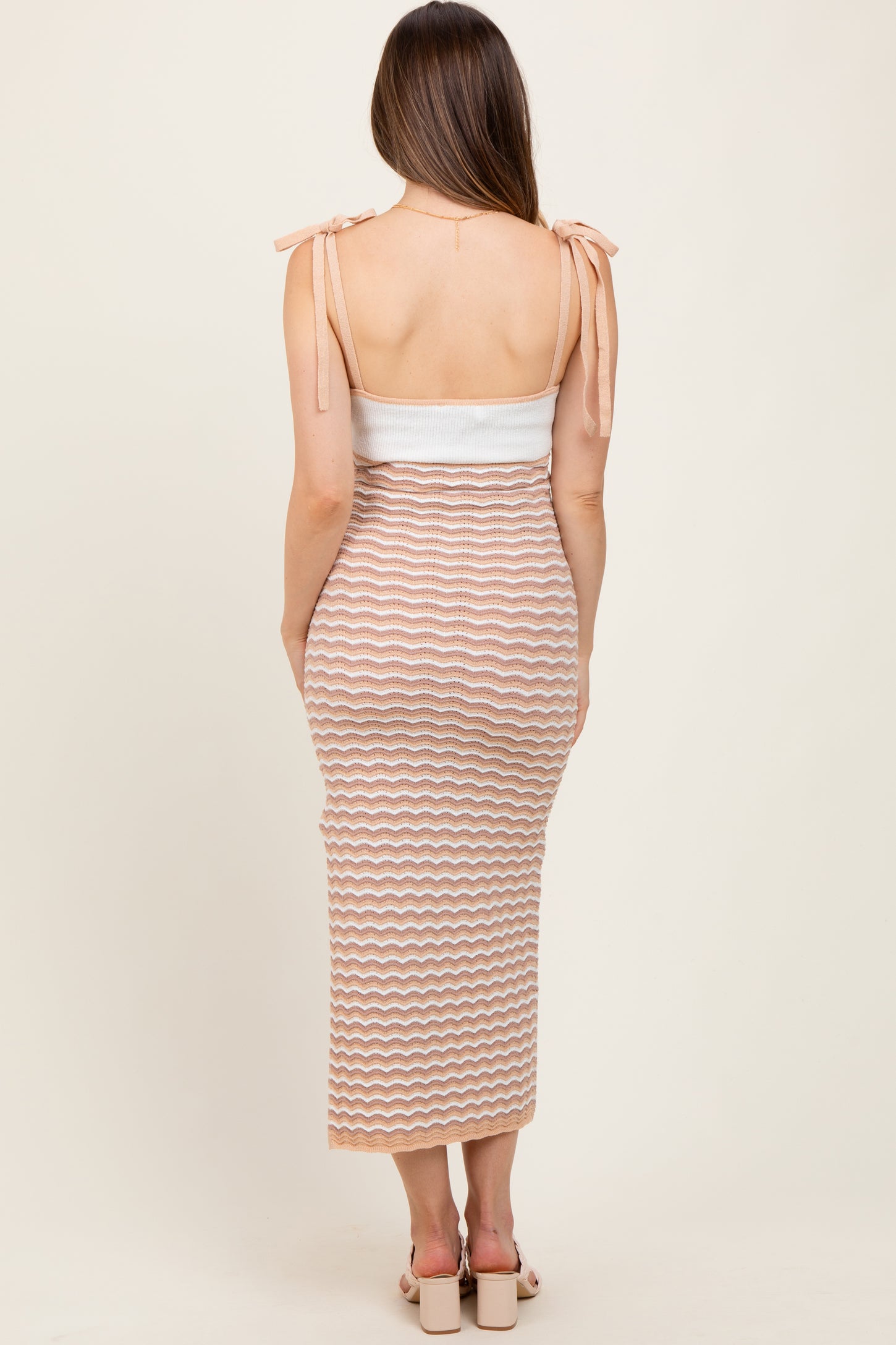 Taupe Contrast Colorblock Knit Shoulder Tie Maternity Midi Dress