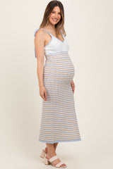 Blue Contrast Colorblock Knit Shoulder Tie Maternity Midi Dress