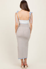 Blue Contrast Colorblock Knit Shoulder Tie Maternity Midi Dress