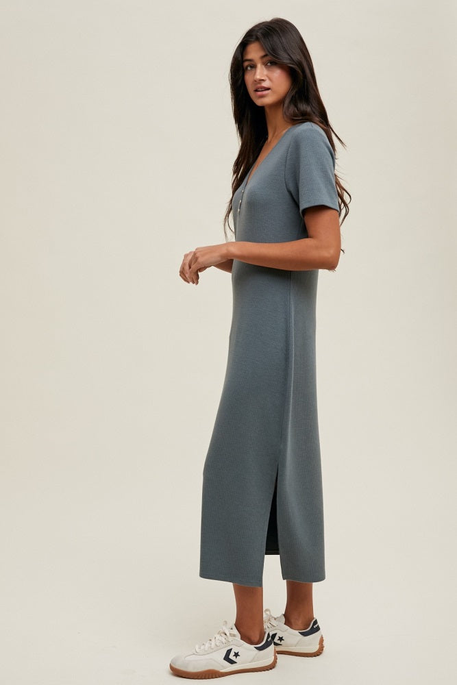 Teal Ribbed Button Detail Midi Dress