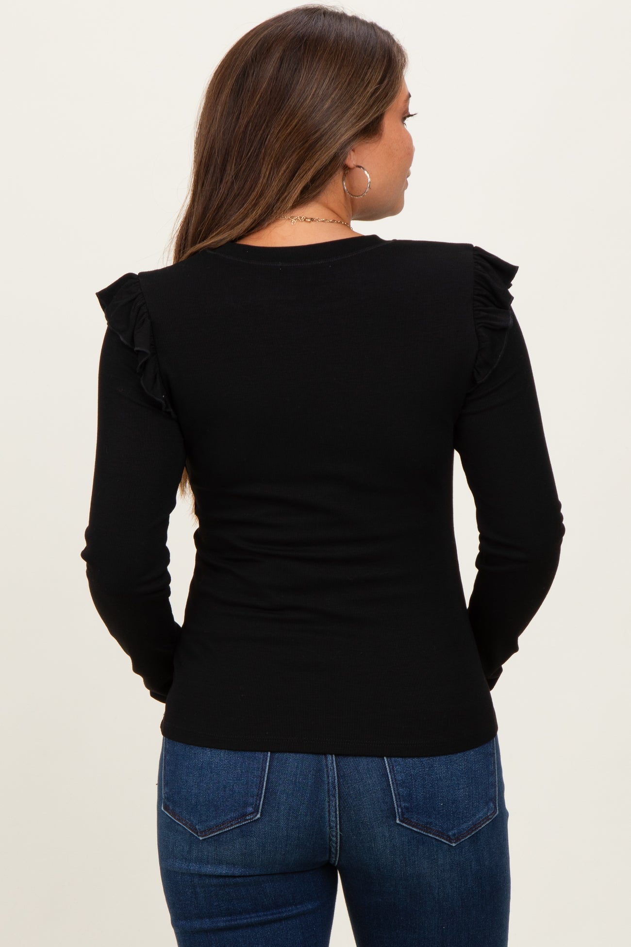 Black Ribbed Knit Ruffle Detail Maternity Long Sleeve Top