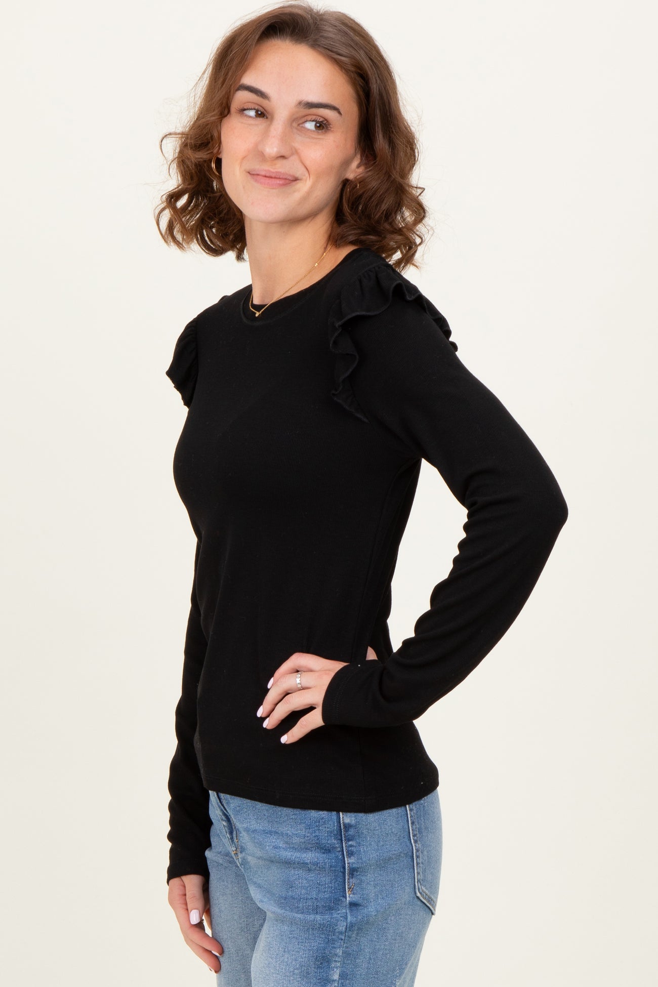 Black Ribbed Knit Ruffle Detail Long Sleeve Top