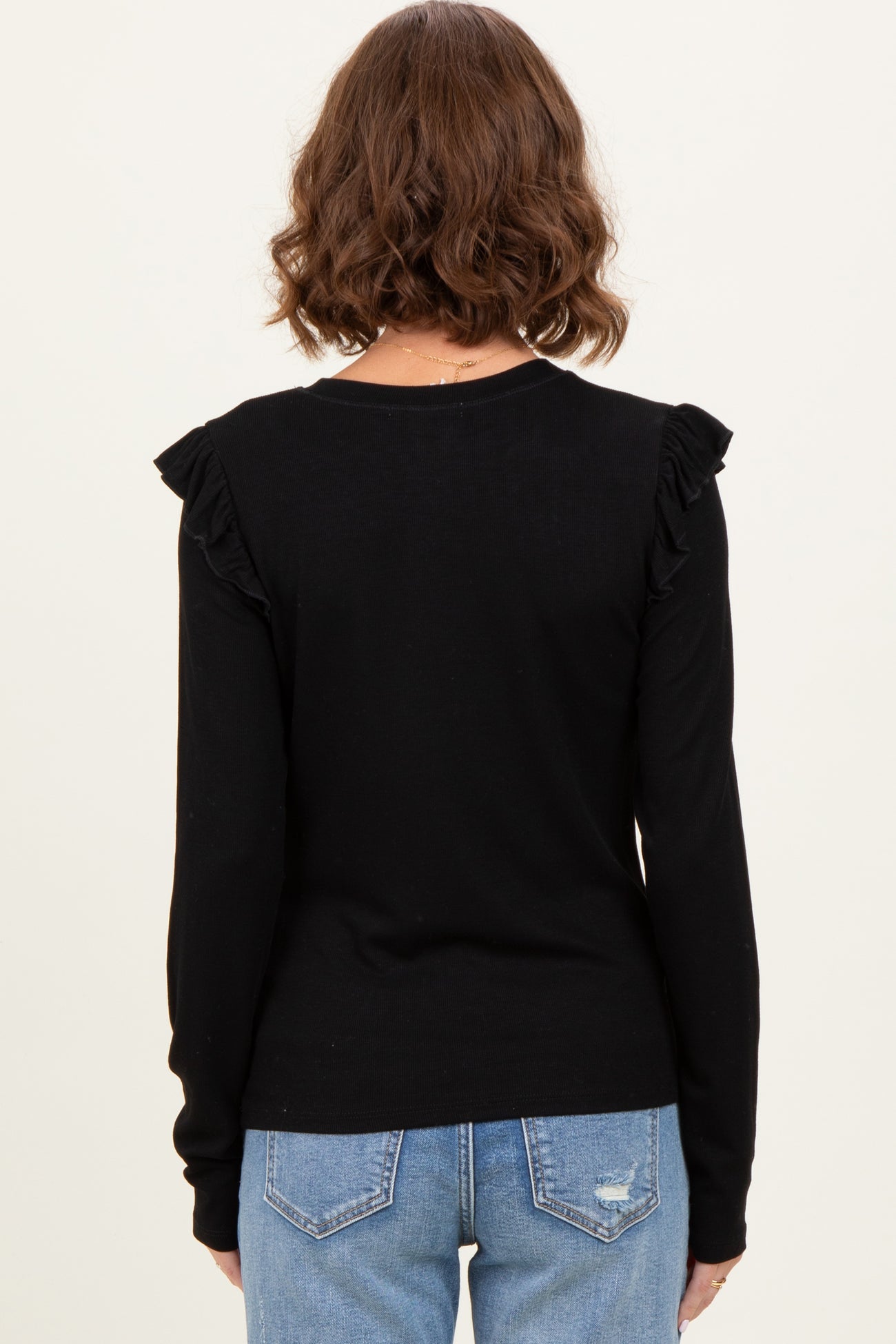 Black Ribbed Knit Ruffle Detail Long Sleeve Top