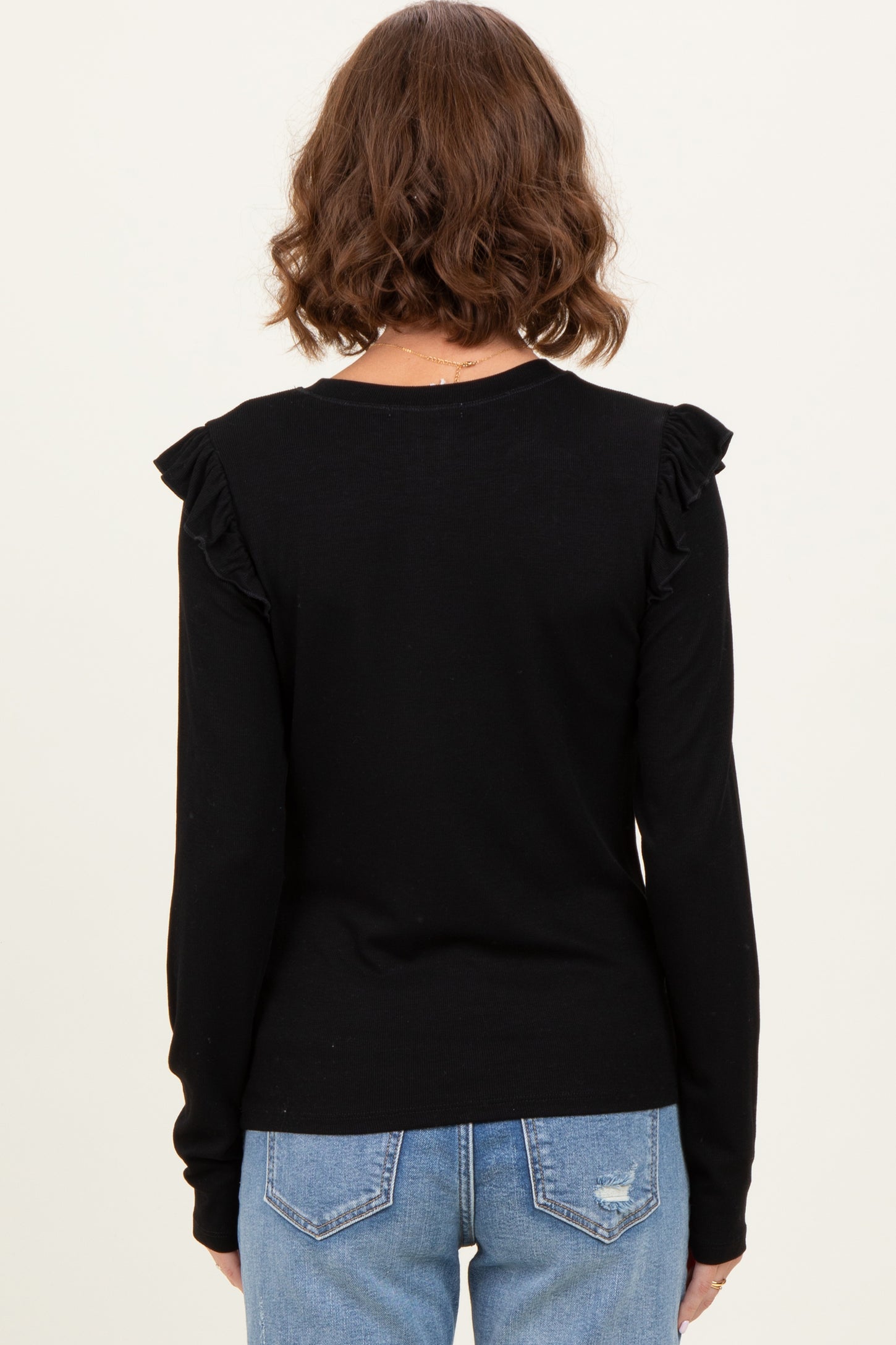 Black Ribbed Knit Ruffle Detail Long Sleeve Top