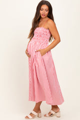 Red Striped Smocked Maternity Midi Dress