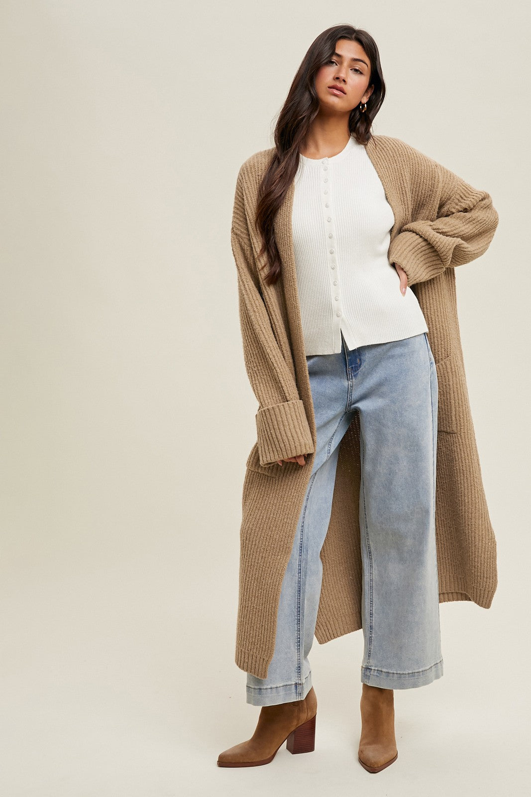 Camel Ribbed Chunky Knit Long Oversized Maternity Cardigan