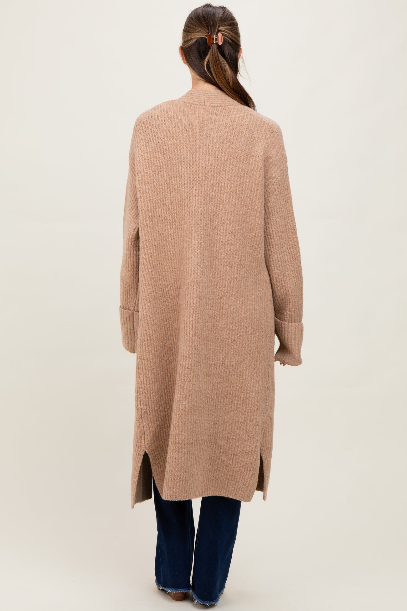 Camel Ribbed Chunky Knit Long Oversized Maternity Cardigan