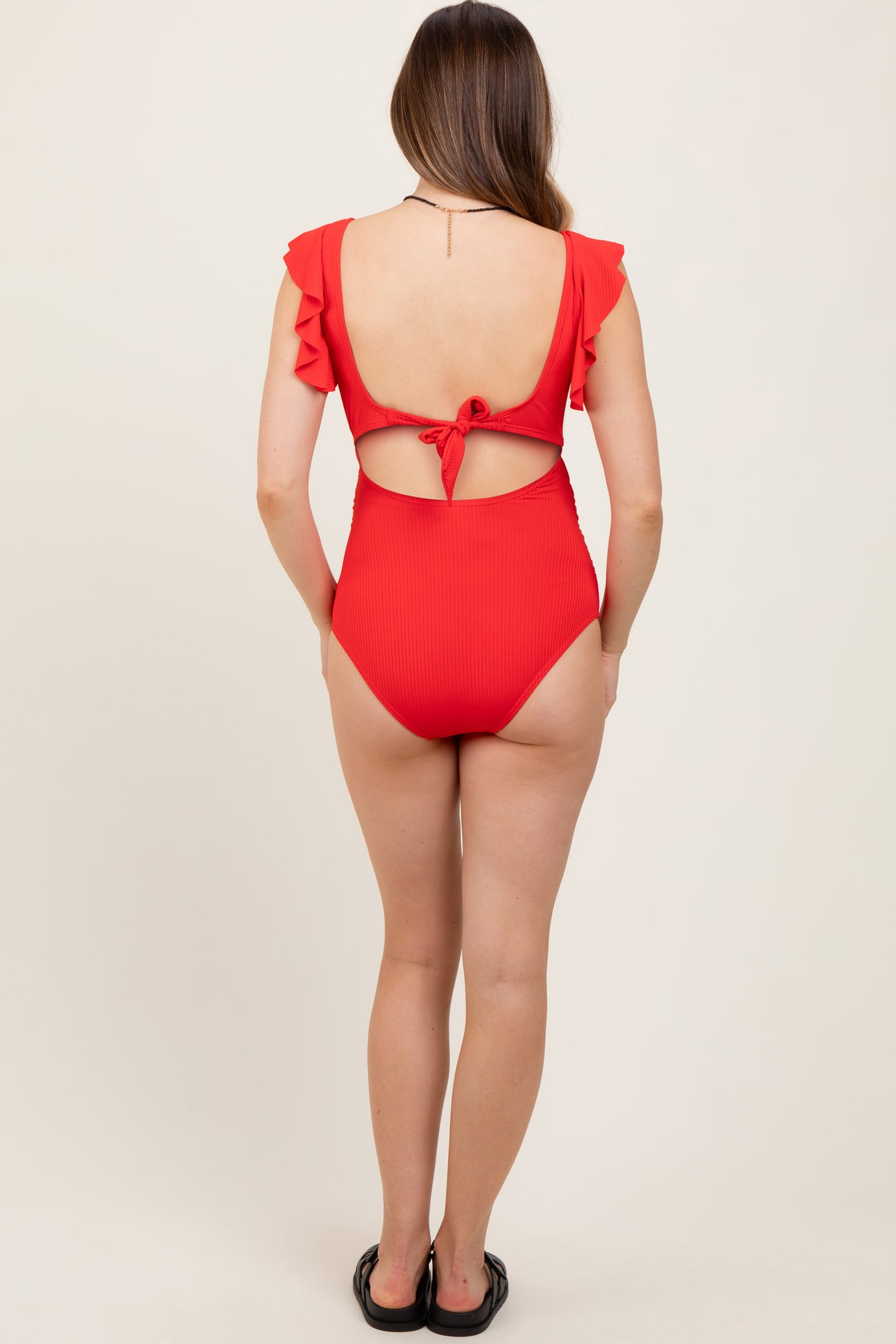 Red Ribbed Cutout Flutter One Piece Maternity Swimsuit