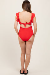 Red Ribbed Cutout Flutter One Piece Maternity Swimsuit