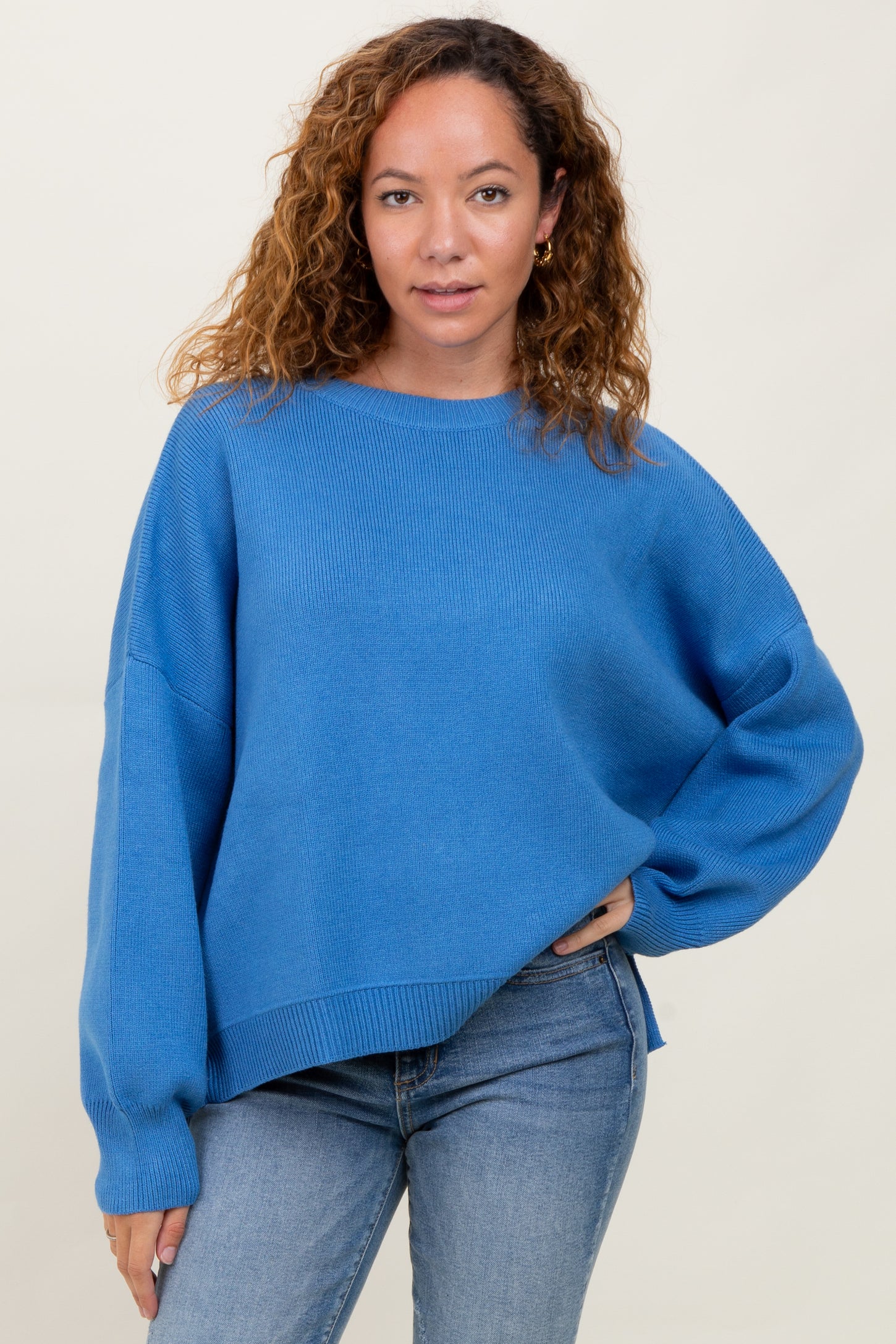 Blue Drop Shoulder Relaxed Fit Maternity Sweater