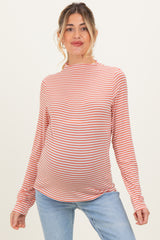 Rust Striped High Neck Maternity Long Sleeve Top