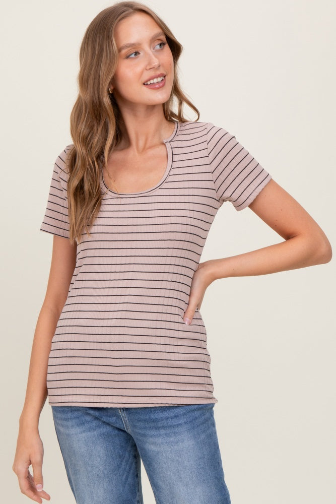 Mocha Ribbed Striped Short Sleeve Maternity Top