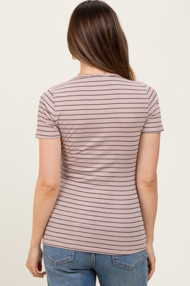 Mocha Ribbed Striped Short Sleeve Maternity Top
