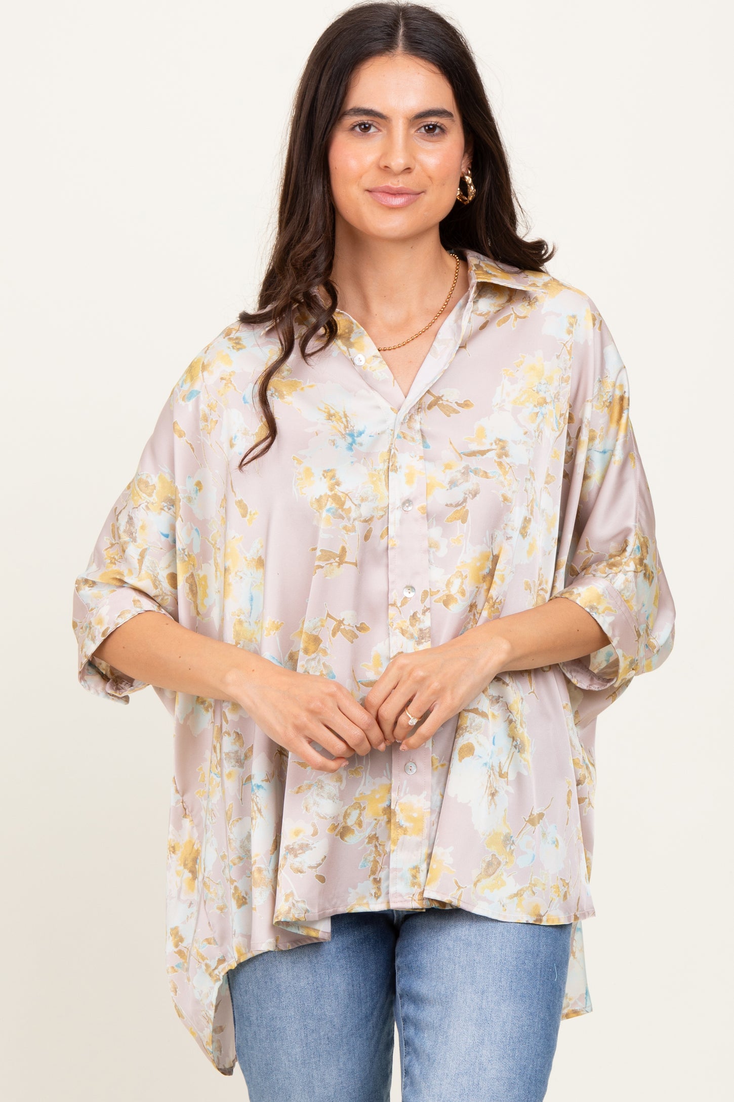 Light Pink Floral Boxy Fit Short Sleeve Blouse