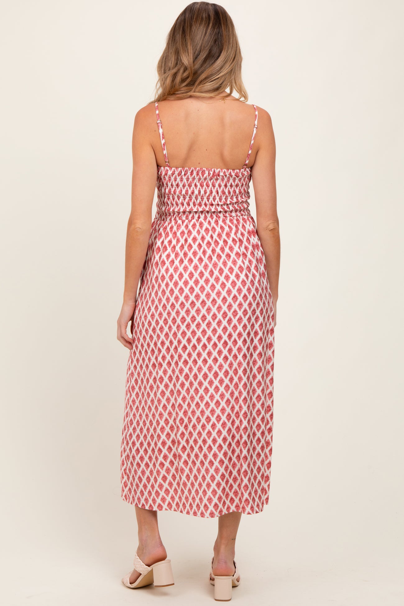 Pink Diamond Print Smocked Maternity Midi Dress