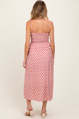 Pink Diamond Print Smocked Maternity Midi Dress