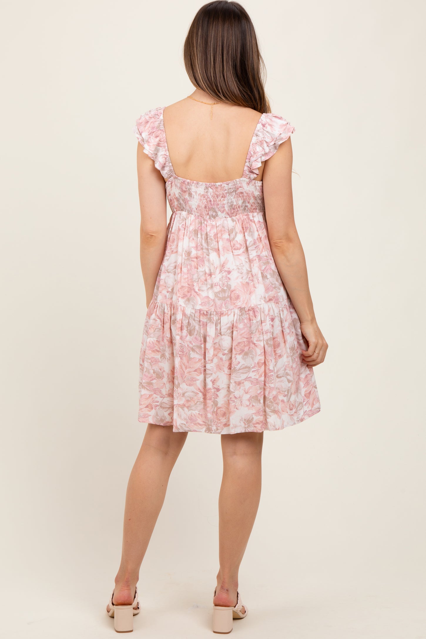 Pink Floral Ruffle Sleeve Tiered Maternity Mini Dress