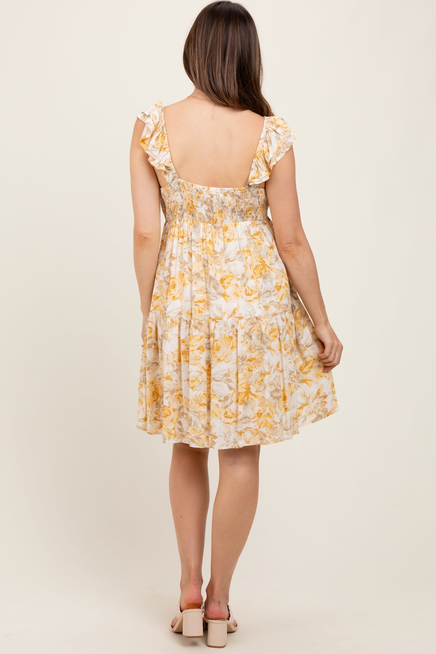 Yellow Floral Ruffle Sleeve Tiered Maternity Mini Dress