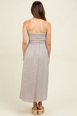 Grey Smocked Cotton Gauze Maternity Midi Dress