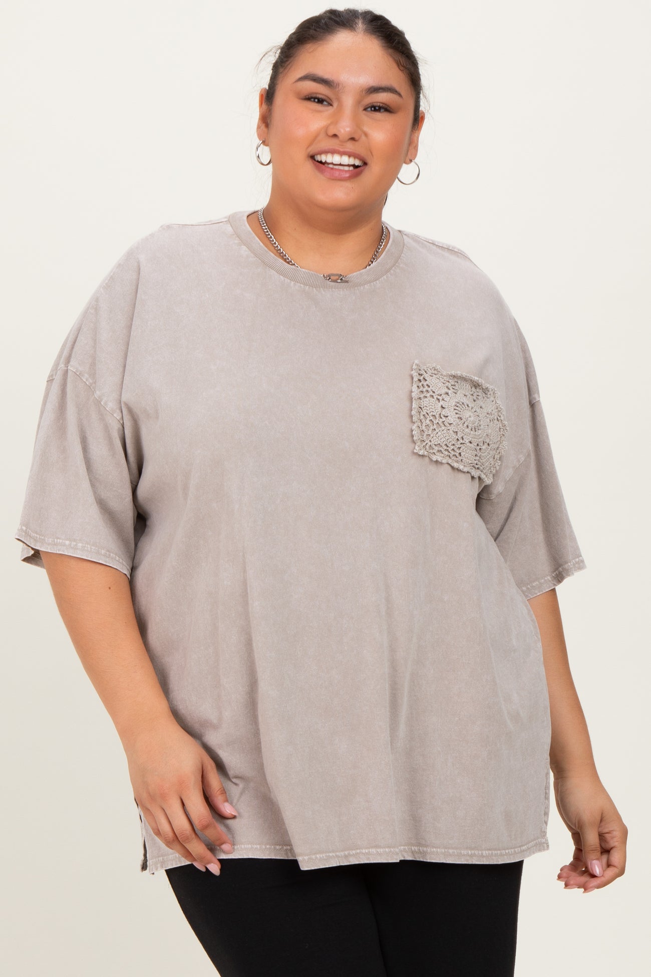 Taupe Mineral Wash Crochet Pocket Plus Top