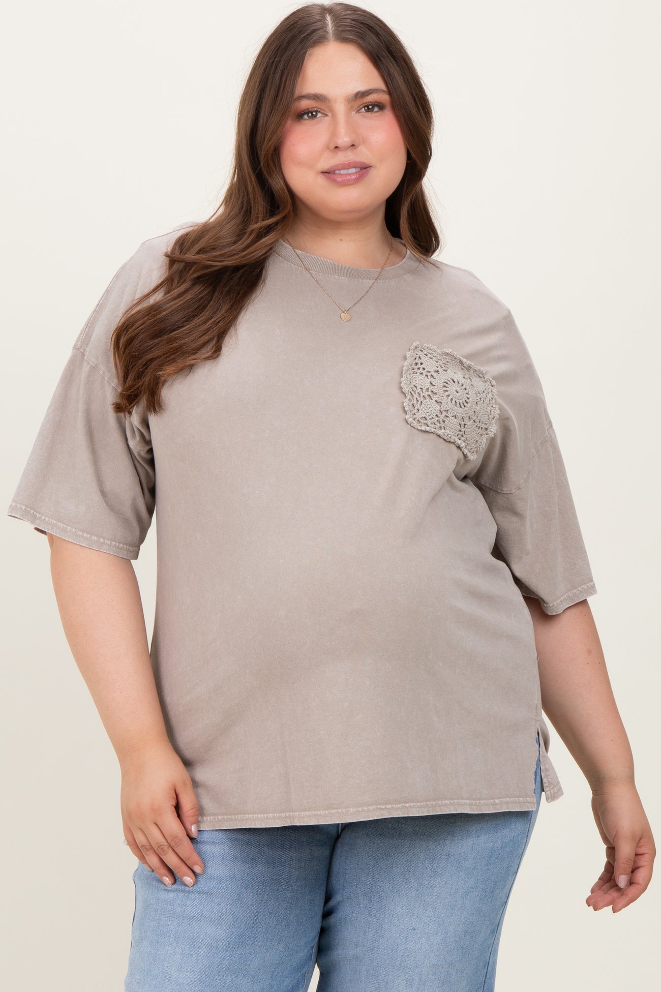 Taupe Mineral Wash Crochet Pocket Maternity Plus Top