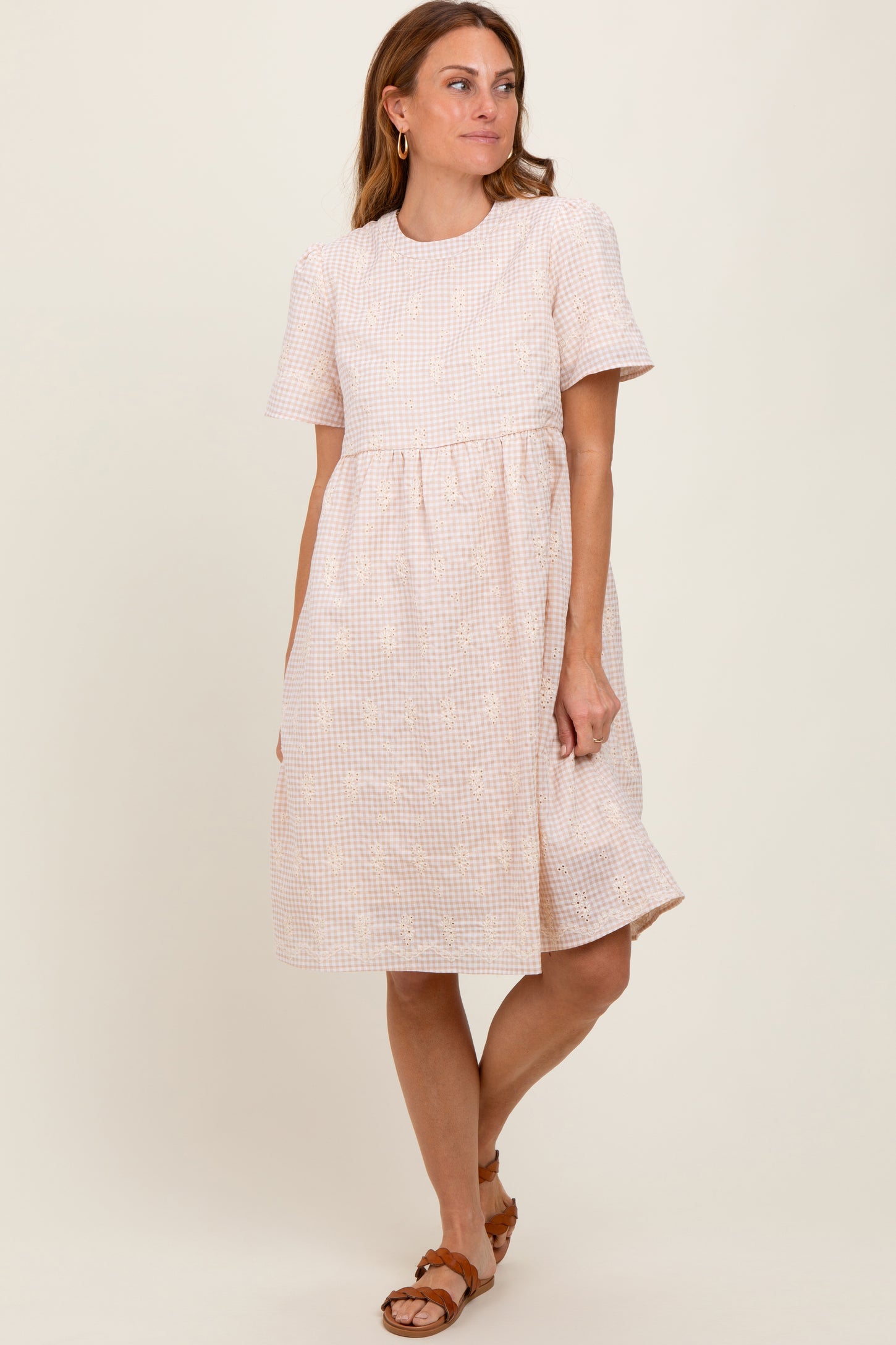 Beige Gingham Short Sleeve Dress