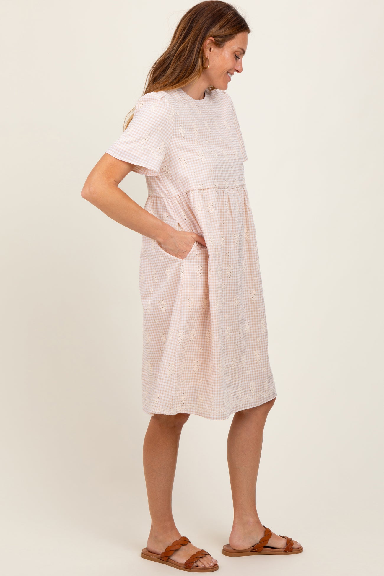 Beige Gingham Short Sleeve Dress