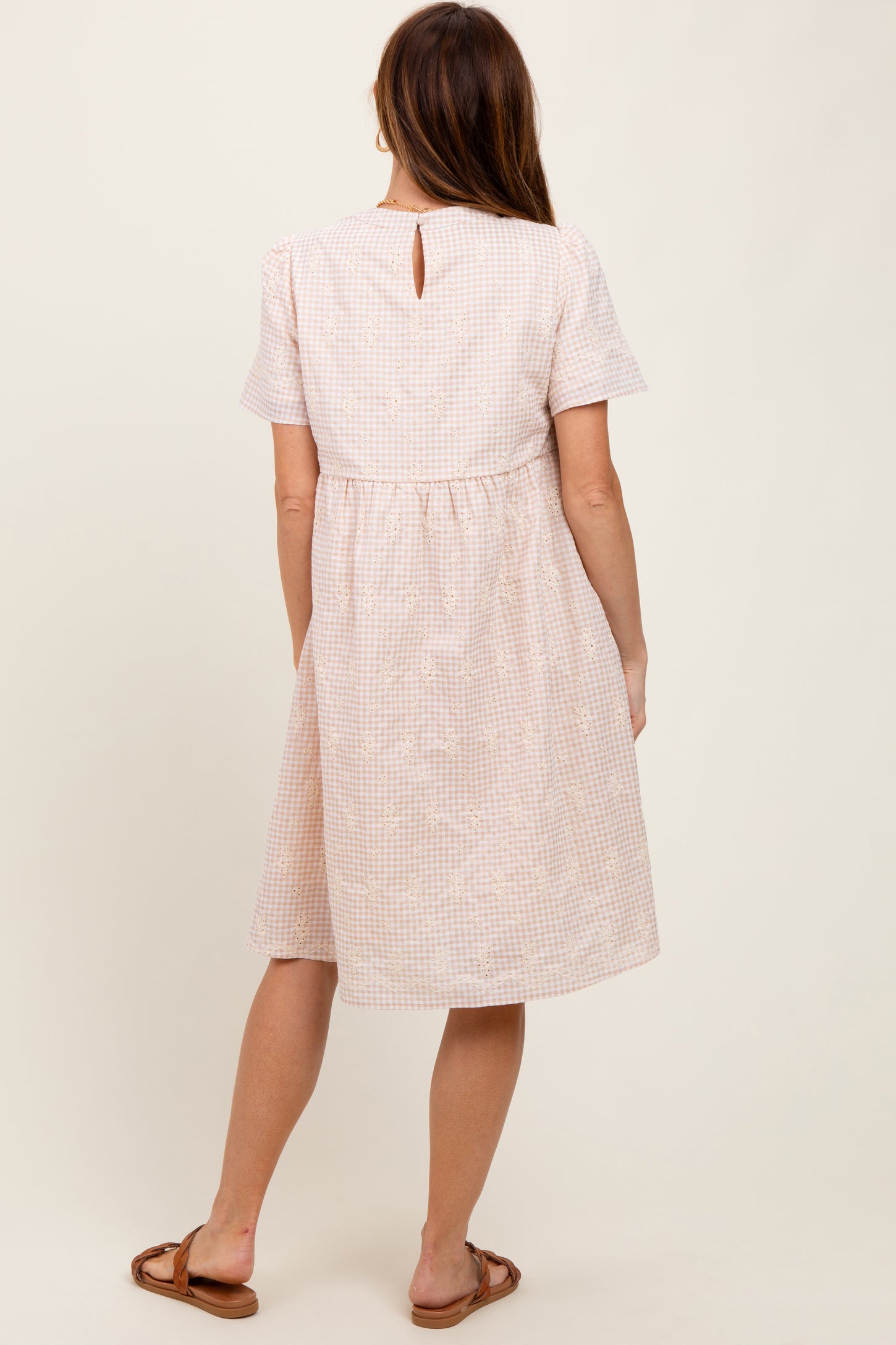 Beige Gingham Short Sleeve Dress