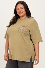 Light Olive Mineral Wash Crochet Pocket Plus Top