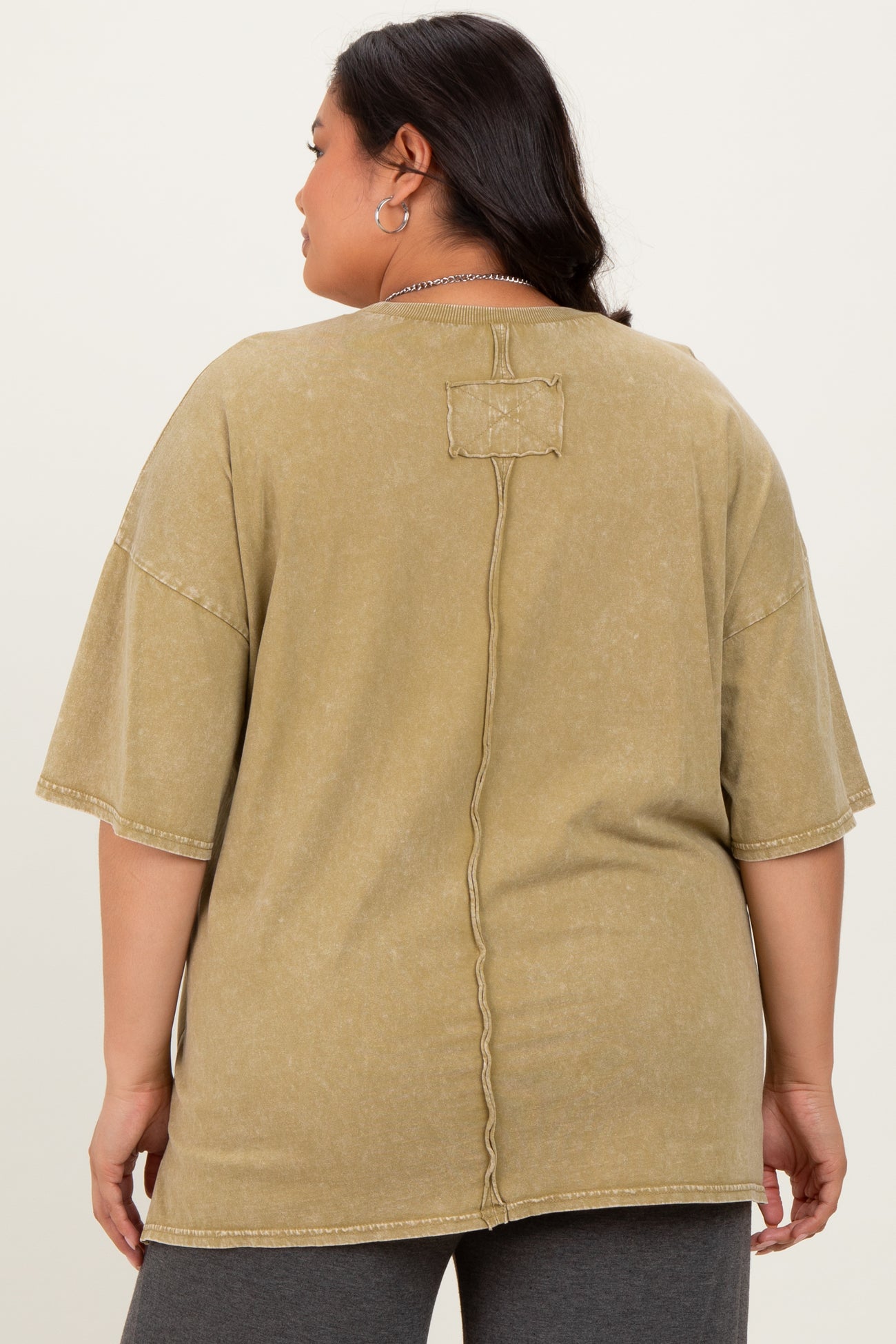 Light Olive Mineral Wash Crochet Pocket Plus Top