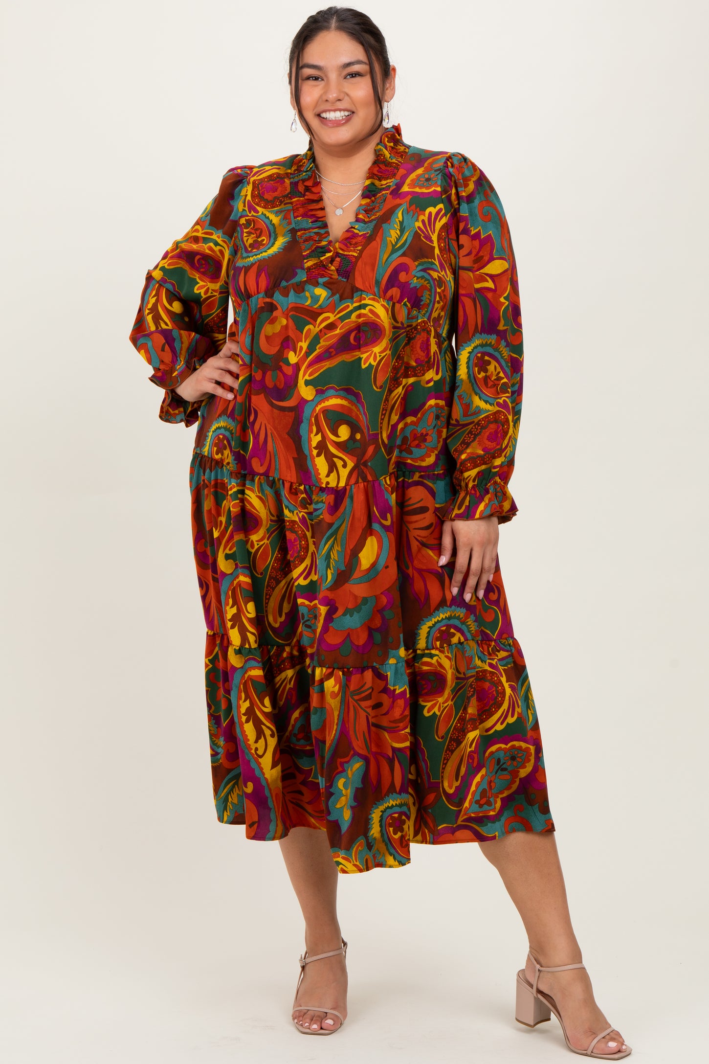 Brown Paisley V-Neck Long Sleeve Tiered Maternity Plus Maxi Dress