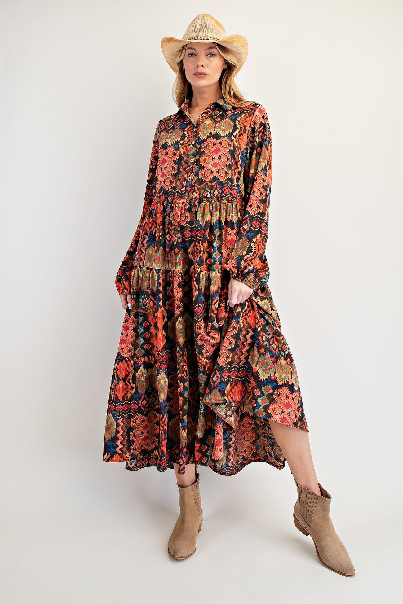 Black Printed Button Detail Tiered Maternity Midi Dress