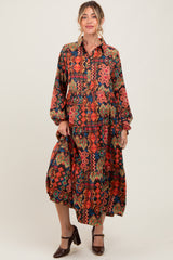 Black Printed Button Detail Tiered Maternity Midi Dress