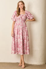 Pink Floral Puff Sleeve Smocked Waist Midi Dress